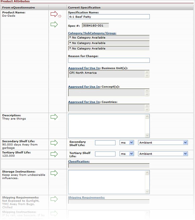 Chapter 2 Working with Questionnaires Figure 2-10: equestionnaire page, Product Attributes section, showing target and source for export from a questionnaire to a GSM specification On this page you