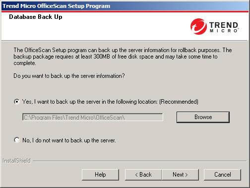 Upgrading OfficeScan Database Back Up During upgrades, the Setup program provides the option to back up the OfficeScan database before upgrading to the latest version.