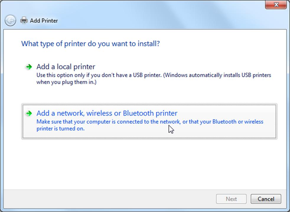 Printer sharing can be configured in the Network and Sharing Center in the Control Panel.