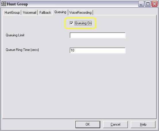 13. In the Queuing tab of the Hunt Group window, check Queuing On and click OK.