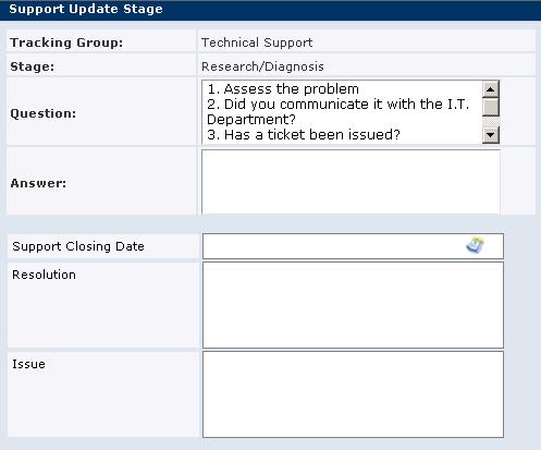 8. In the Issue text field enter the nature of the problem being resolved in this support ticket. 9. To save and continue working with the ticket, click Save. 10. To save and exit, click Save&Close.