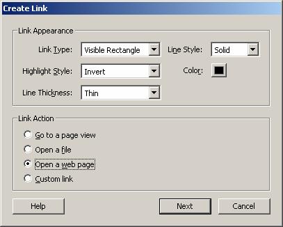 From the Link Action menu, choose the desired action. To link to another web page, select Open a web page and add the URL to it in the address box.