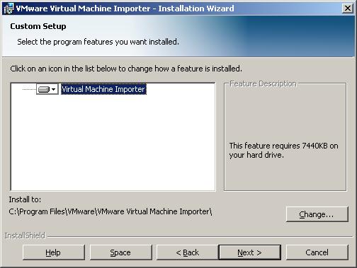 Custom Installs the complete Virtual Machine Importer installation, but allows you to select the installation path and review and select from the available disk drives for sufficient storage space.
