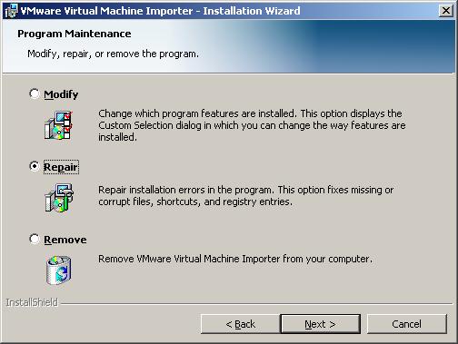VMware Virtual Machine Importer User s Manual Uninstalling or Repairing the Virtual Machine Importer To uninstall or reinstall the VMware Virtual Machine Importer: 1.