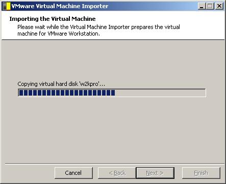 If you are satisfied with the settings, click Next. The Virtual Machine Importer creates a VMware virtual machine from the source Virtual PC file.