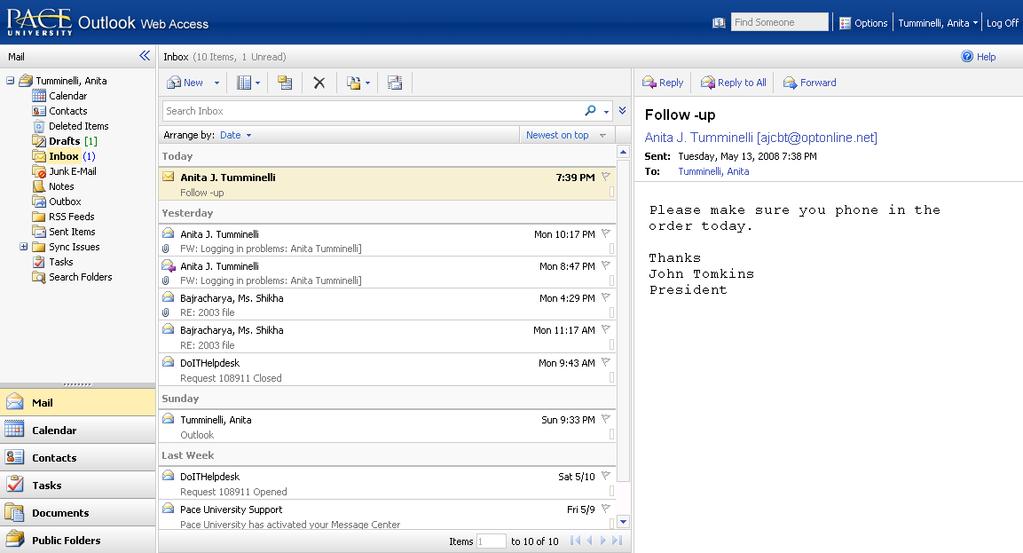 MAIL DRAFT COPY III. MAIL A. Email Messages Outlook Web Access consists of three panes.