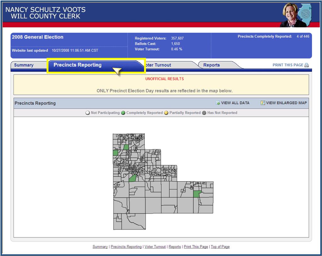 Precincts Reporting tab The Precincts Reporting tab displays a county map where you can view the status of precincts reporting results.