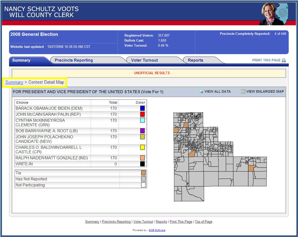 displays which candidate is leading in each precinct, as shown in the following graphic.