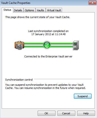 Managing Enterprise Vault archiving Synchronizing your Vault Cache 36 To suspend or resume synchronization 1 Click the File tab and then click Enterprise Vault. 2 Click Configure Vault Cache.