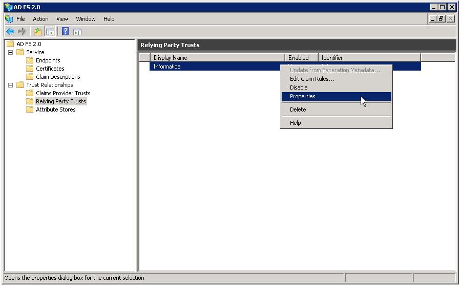 3. Right-click the Informatica entry and select Properties, as shown in the image below: The