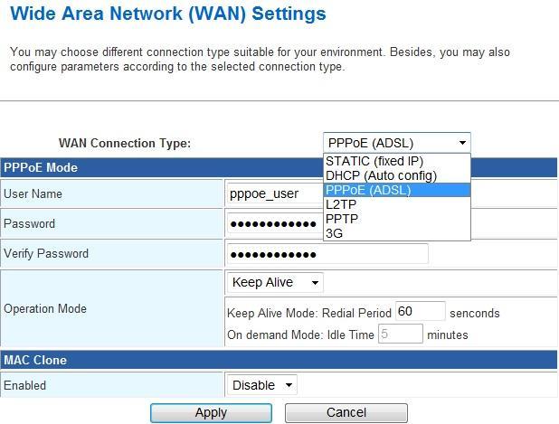 2a. In Internet Settings / WAN /, select PPPoE (ADSL) for your WAN Connection Type and enter your User Name & Password which were presented by your ISOP company. And then press Apply 2b.