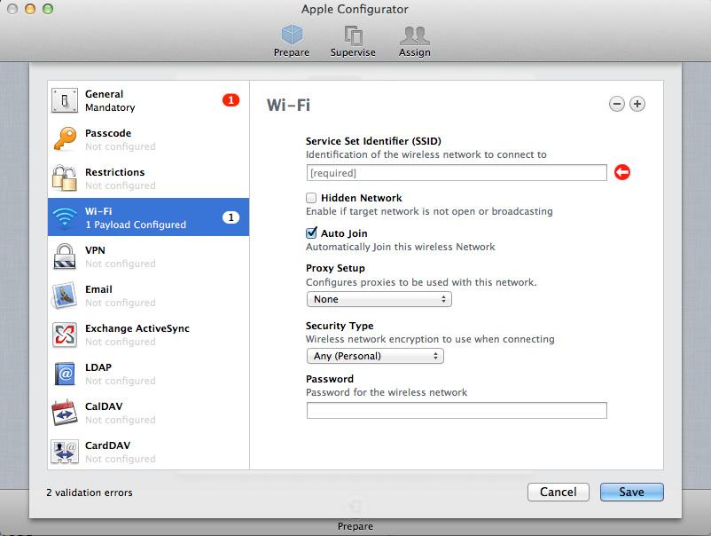 6. Configure the payload as needed. For detailed information about the settings in the Wi-Fi payload, see the following documentation from Apple: http://help.apple.com/configurator/mac/#cad812ecaef 7.