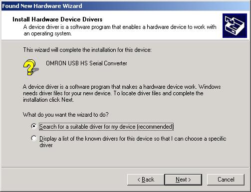 Installing the Drivers 3. Select Search for a suitable driver for my device (recommended) and click the Next button.