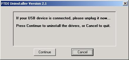 Select OMRON USB-to-Serial Converter Drivers and click the Delete button. The following window will be displayed. 4. Click the Continue button.