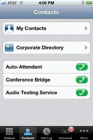 Via Contacts 1. Tap the Contacts icon from your Virtual Offce app. 2. Select either My Contacts (Personal iphone Contacts) or Corporate Directory. 3.