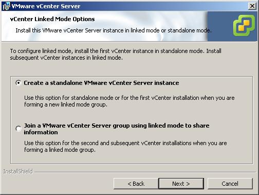 10 Accept the default destination folders and click Next. 11 Select Create a standalone VMware vcenter Server instance and click Next.