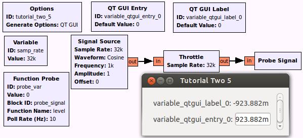That leaves QT GUI Entry and QT GUI Label and either will display the data if we simply change the Default Value to the ID of our Function Probe block which is "probe_var". Result is below: 2.4.3.