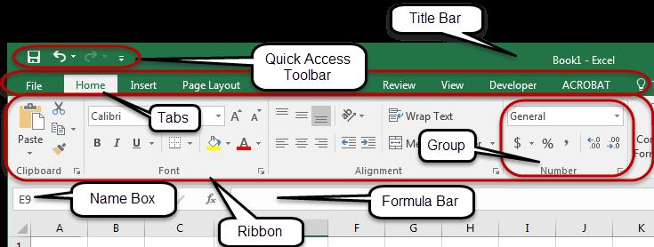Excel 2016 User Interface Title Bar The Title bar is located at the top of the Excel window. The name of the active workbook is displayed in the center of the Title Bar.
