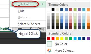To change the color of a tab, right click on the sheet, navigate to Tab Color, and select a color.