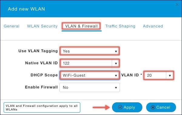 Creating a DHCP Scope Using internal DHCP server on Cisco Mobility Express Enter the Network/Mask Enter the Start IP for the DHCP pool Enter the End IP for the DHCP pool Enter the Gateway IP for the