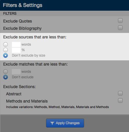 Select the Apply Changes button at the bottom of the filter and settings sidebar to apply the changes Excluding Small Matches To exclude small matches, below the Exclude matches that are less than