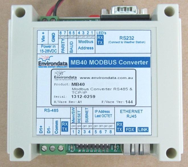 MB40 & MB45 MODBUS TCP/IP Gateway DL30 type Environdata Weather Stations Connects an Environdata DL3000 Weather Station to a Modbus network Modbus RTU over RS485 and Modbus TCP/IP over Ethernet