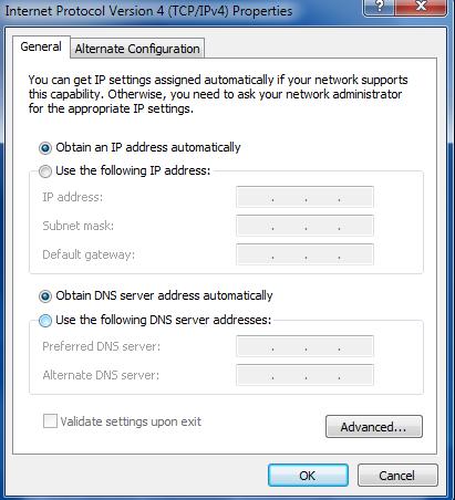 Select the Obtain an IP address automatically and Obtain DNS