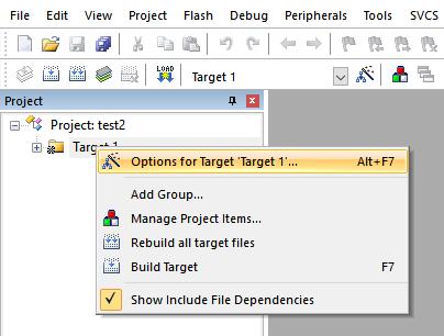 Right-click on the created project and select Options for Target as