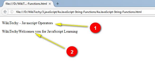 Output: Displaying the text WikiTechy - Javascript Operators in the paragraph tag of the HTML page.