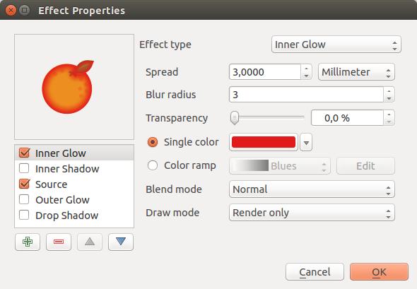 Рис. 12.31: Draw Effects: Inner Shadow dialog the feature where you want any blurring to happen.