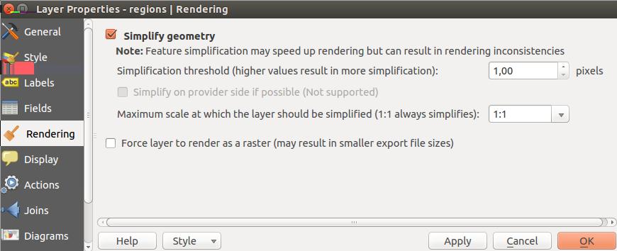 12.3.9 Rendering Menu QGIS offers support for on-the-fly feature generalisation. This can improve rendering times when drawing many complex features at small scales.