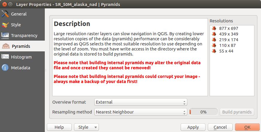 If you choose Internal (if possible) from the Overview format menu, QGIS tries to build pyramids internally. You can also choose External and External (Erdas Imagine). Рис. 13.