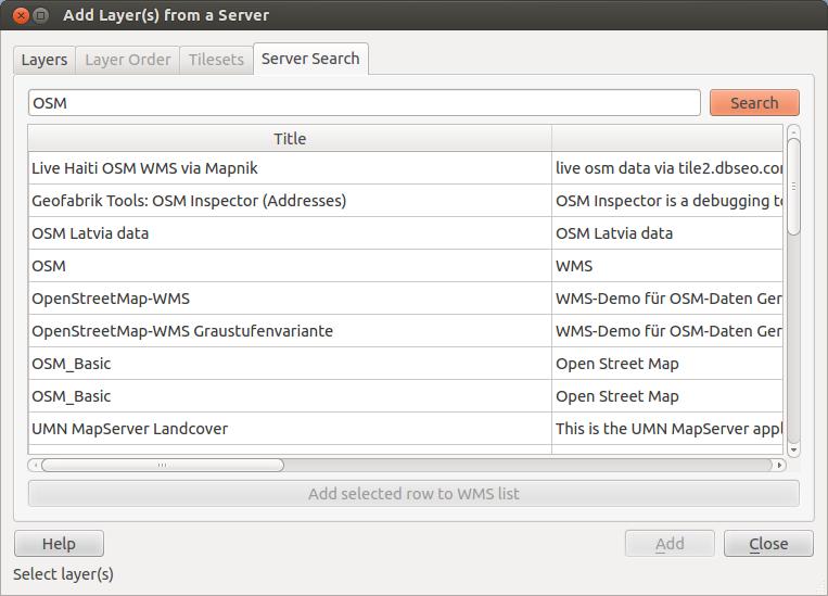 Поиск серверов Within QGIS, you can search for WMS servers. Figure_OGC_2 shows the Server Search tab with the Add Layer(s) from a Server dialog. Рис. 14.