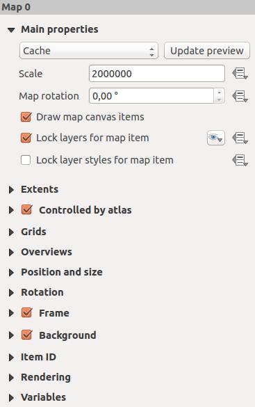 the Items tab to unlock individual items. The Unlock All Items icon will unlock all locked composer items. With the map selected, you can now adapt more properties in the map Item Properties tab.
