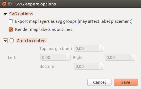 2 Export as SVG With Export as SVG, you also need to fill the filename (used as a basename for all files in case of multi_page composition) and then can apply Crop to content option.
