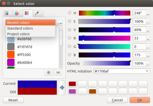 This selected list is populated with one of three methods: ˆ Recent colors, ˆ Standard colors, a user-defined list of colors set under Settings Options Colors menu ˆ or Project colors, a user-defined