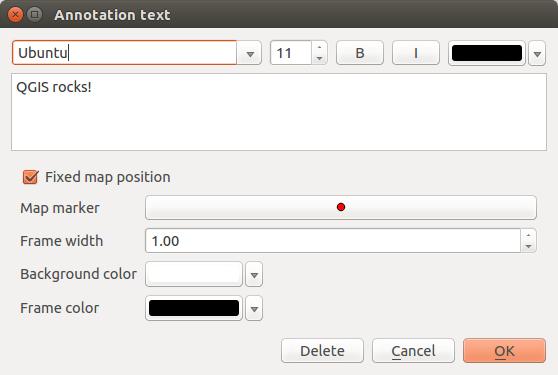 Рис. 8.9: Annotation text dialog Double clicking on the item opens a dialog with various options. There is the text editor to enter the formatted text and other item settings.