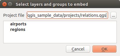 8.13 Встраиваемые проекты If you want to embed content from other project files into your project, you can choose Layer Embed Layers and Groups. 8.13.1 Встраивание слоёв The following dialog allows you to embed layers from other projects.