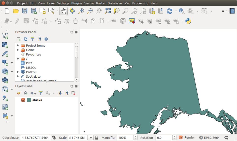 Рис. 11.5: QGIS with Shapefile of Alaska loaded On macos, portable drives that are mounted beside the primary hard drive do not show up as expected under File Open Project.