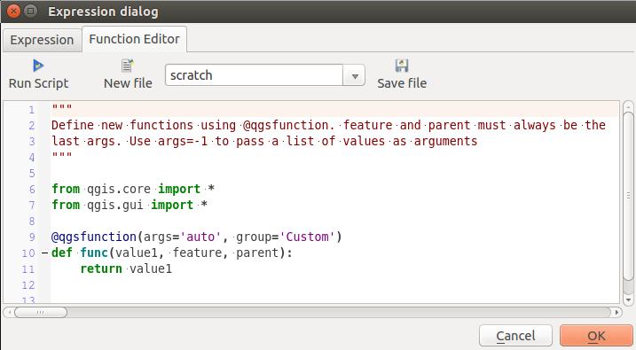 Рис. 12.57: The Function Editor tab Further information about creating Python code can be found in the PyQGIS-Developer-Cookbook.