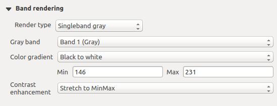 another value in the QGIS general options. Singleband gray This renderer allows you to render a single band layer with a Color gradient: Black to white or White to black.