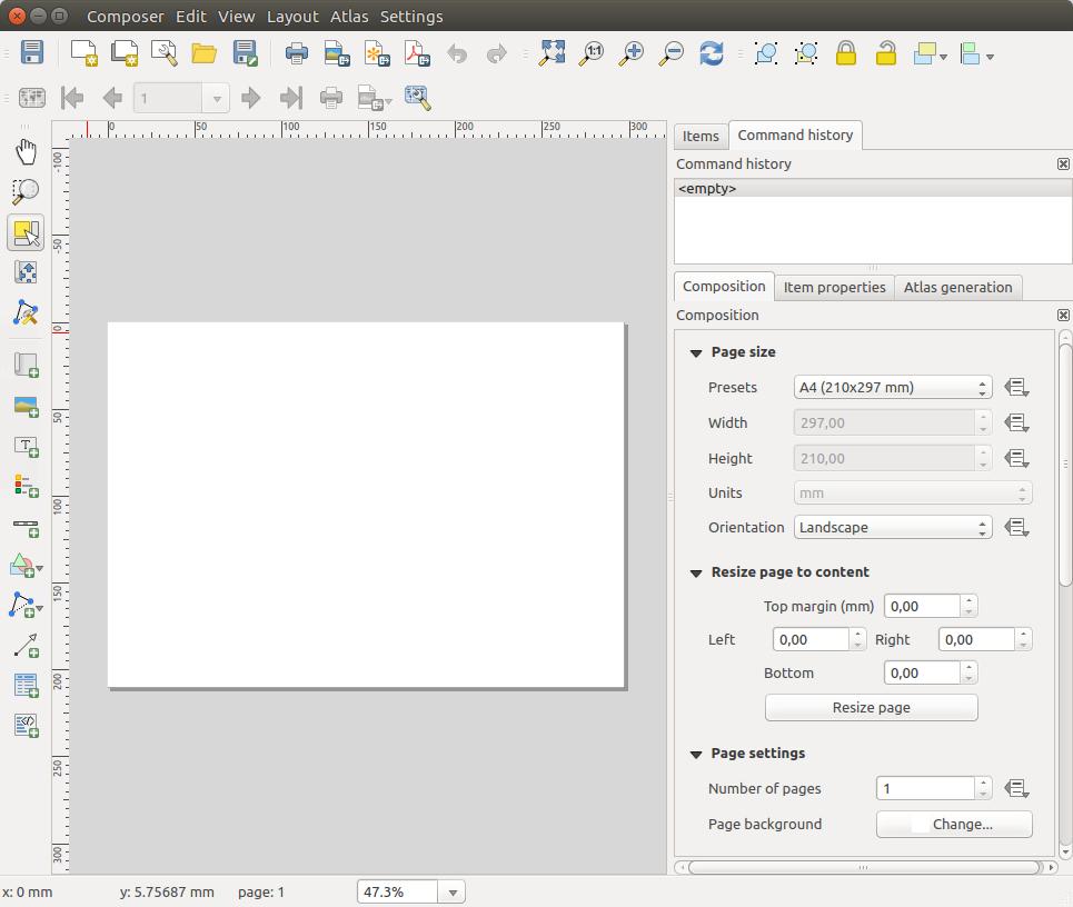 14.1.3 Menus, tools and panels of the print composer Opening the Print Composer provides you with a blank canvas that represents the paper surface when using the print option.