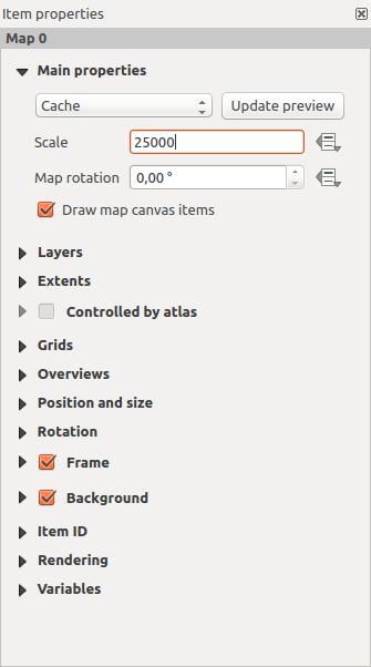 Рис. 14.11: Map Item Properties Panel ˆ Draw map canvas items lets you show annotations that may be placed on the map canvas in the main QGIS window.