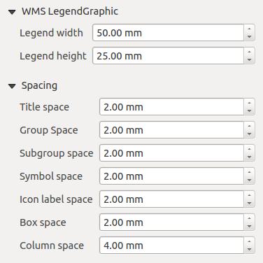 WMS LegendGraphic and Spacing The WMS LegendGraphic and Spacing dialogs of the legend Item Properties panel provide the following functionalities (see figure_composer_legend_wms): Рис. 14.