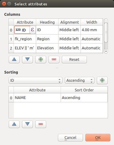 Рис. 14.34: Attribute table Select attributes Dialog In the Sorting section you can: Add an attribute to sort the table with.