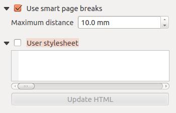 Рис. 14.46: HTML frame, Use smart page breaks and User stylesheet properties ˆ Set the Maximum distance allowed when calculating where to place page breaks in the html.