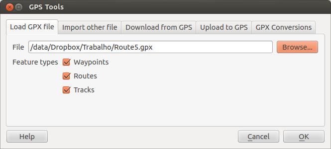 Рис. 16.1: The GPS Tools dialog window Use the [Browse...] button to select the GPX file, then use the checkboxes to select the feature types you want to load from that GPX file.