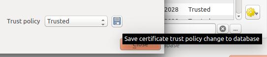 Save certificate trust policy change to database button is clicked per selected certification. Closing the dialog will not apply the policy changes. Рис. 17.