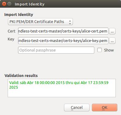 Personal identity bundles consisting of PEM/DER (.pem/.der) and PKCS#12 (.p12/.pfx) components are supported.