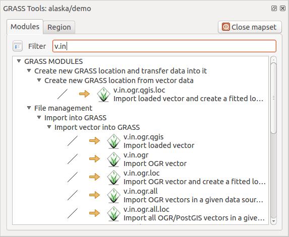 Рис. 18.3: GRASS Toolbox and Module Tree As shown in figure_grass_toolbox, you can look for the appropriate GRASS module using the thematically grouped Modules Tree or the searchable Modules List tab.